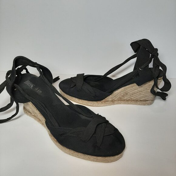 3/$20 Nordstrom BOS & CO Open Toe Wedge Tie Back Sandals Black Size 7 Heels - Picture 8 of 12